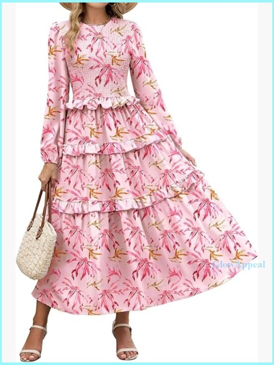 Dresses & Skirts - Smocked Maxi Dress Long Puff Sleeve Tiered Ruffle Boho Wedding Guest